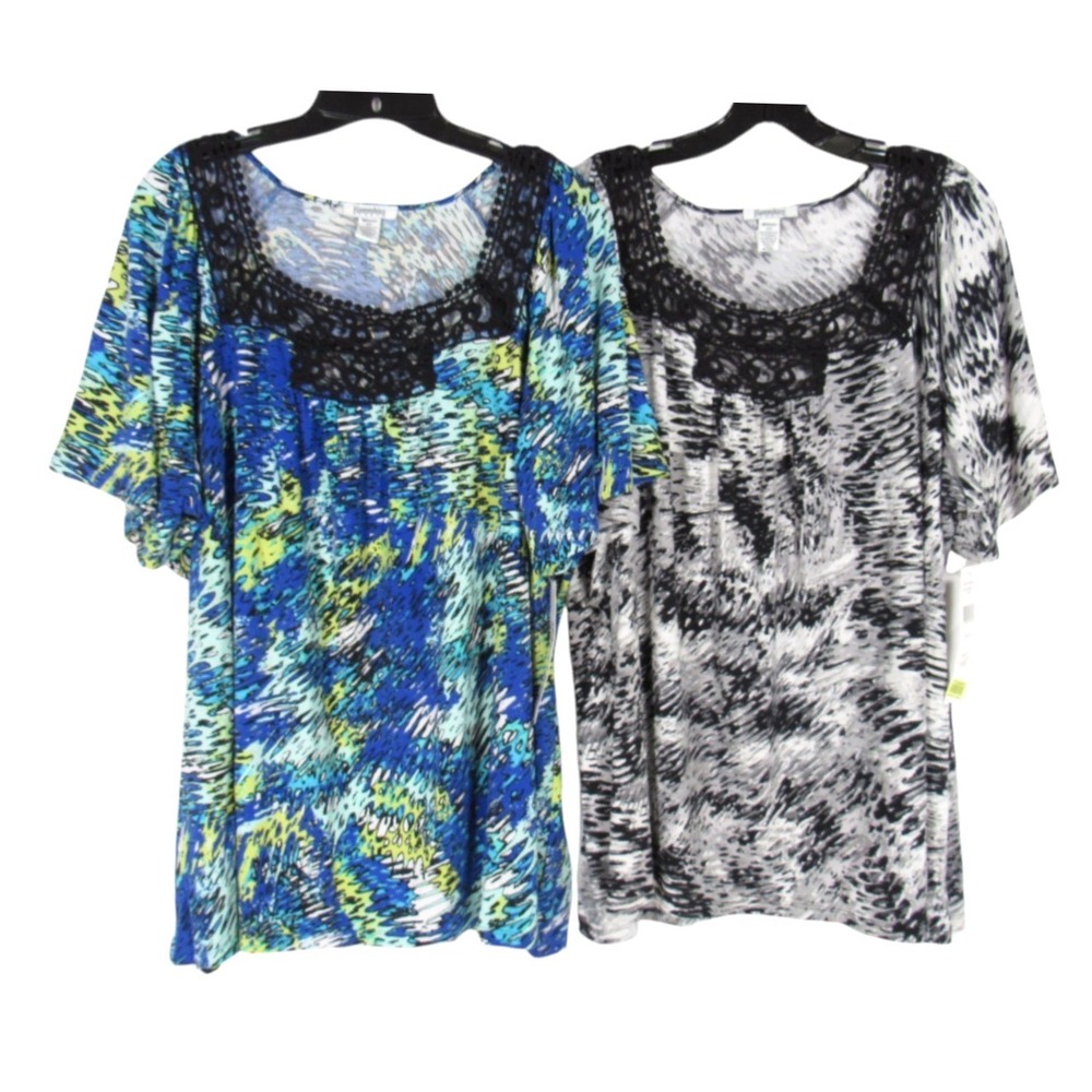 NWT HAMPSHIRE STUDIO Lot 2 ANIMAL & WATERCOLOR PRINT Lace Trim BLOUSE TOP Sz 3X